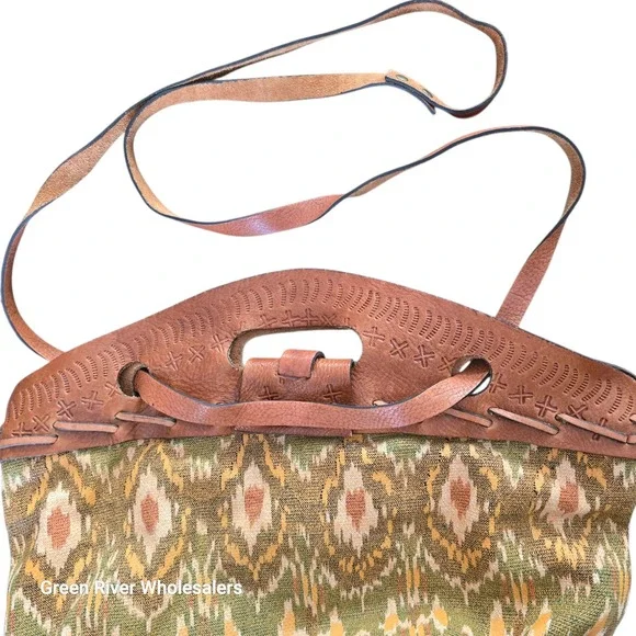 Patricia Nash Boho Woven Leather Trim Shoulder Bag Green Geometric Pattern - Picture 4 of 10